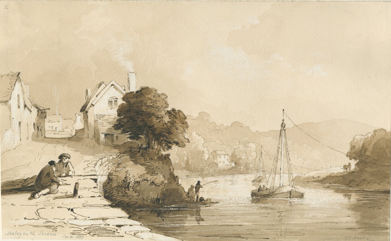 Arley - River Severn: sepiateckning, 8 september 1837 av Thomas Peploe Wood