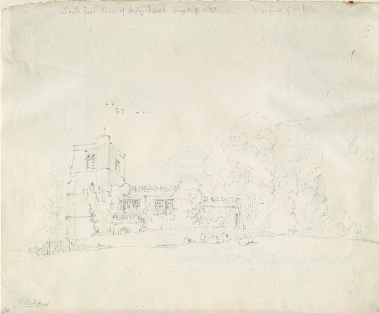 Arley Church: blyertsteckning, 4 september 1837 av Thomas Peploe Wood