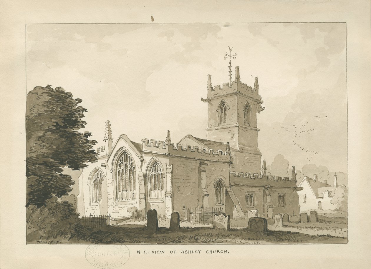 Ashley Church: sepiateckning, 1838 av Thomas Peploe Wood