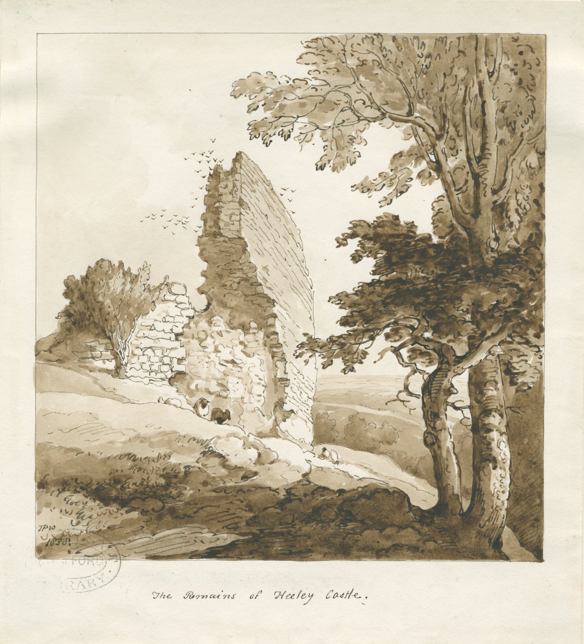 Audley - Heeley Castle: sepiateckning av Thomas Peploe Wood