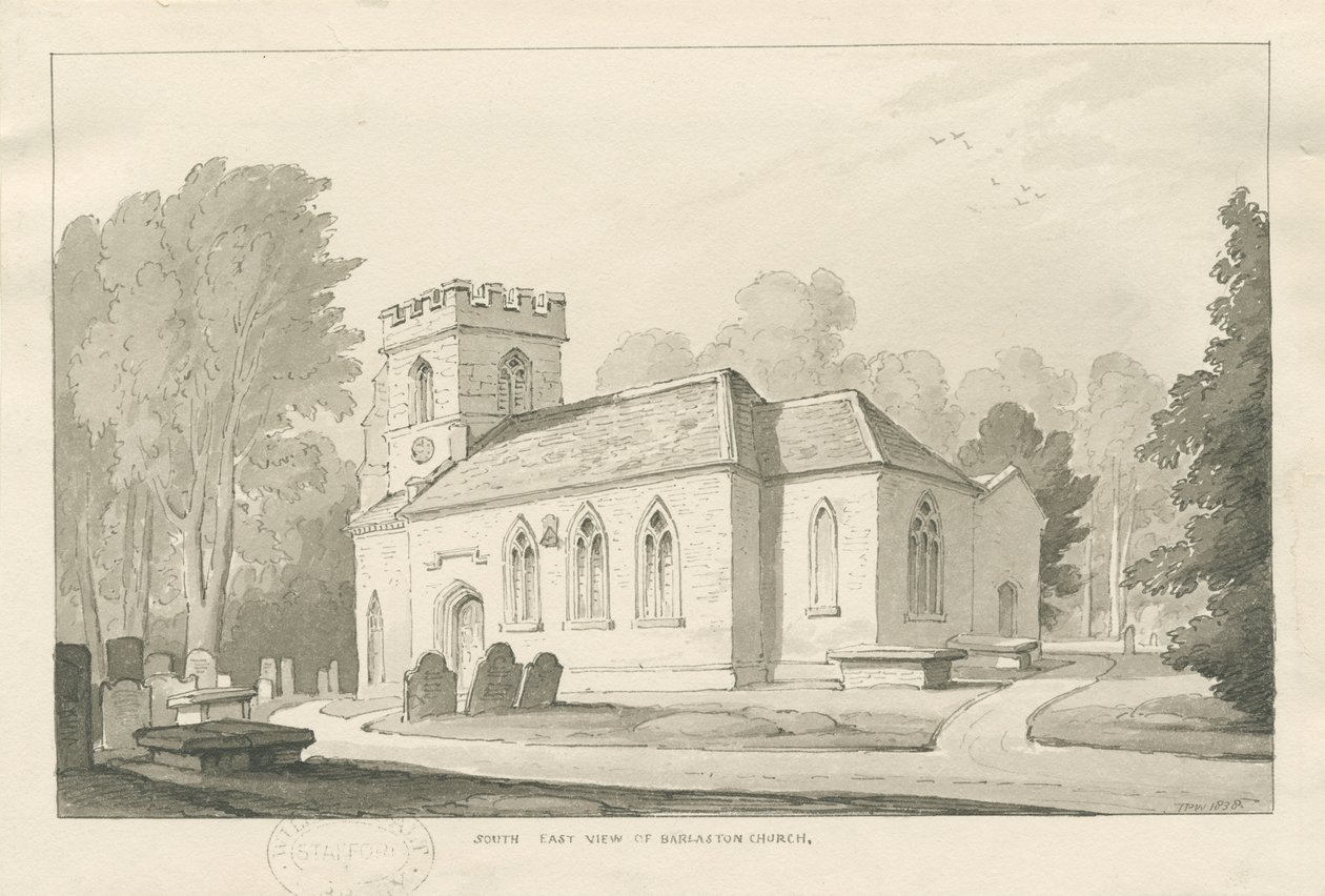 Barlaston Church: ritning med penna och tvätt, 1838 av Thomas Peploe Wood