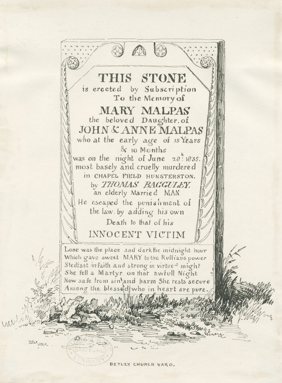 Betley - Memorial Stone: ritning med penna och bläck, 1838 av Thomas Peploe Wood