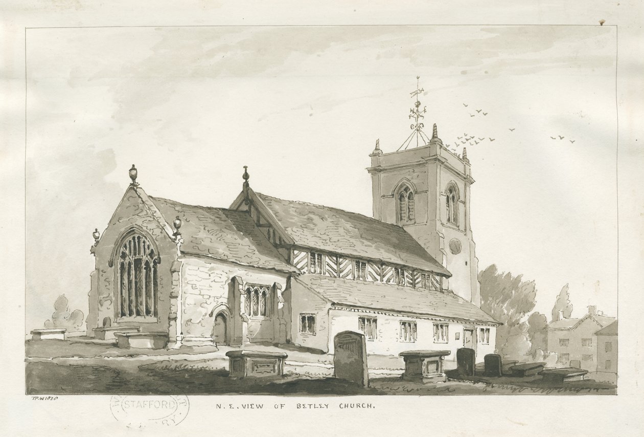 Betley Church: sepiateckning, 1838 av Thomas Peploe Wood