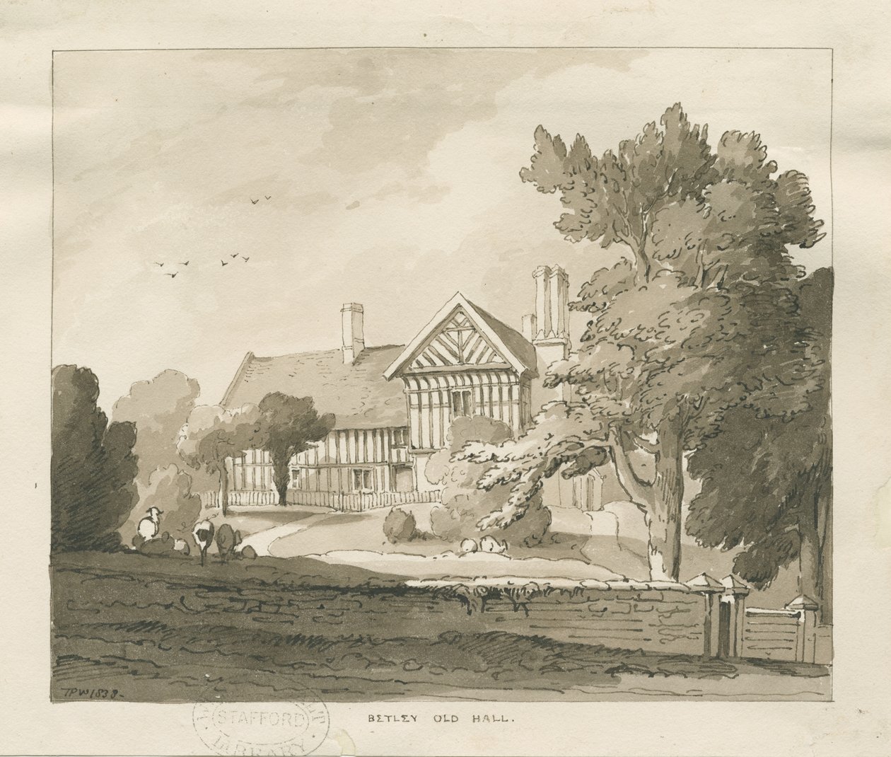Betley Old Hall: sepiateckning, 1838 av Thomas Peploe Wood