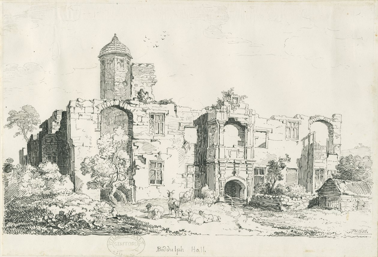 Biddulph Hall (gammal): penn- och bläckteckning av Thomas Peploe Wood