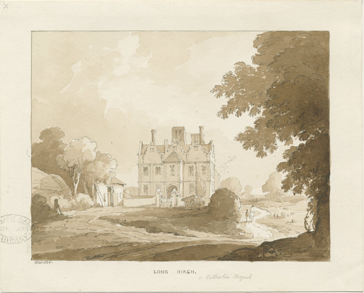Brewood - Long Birch Hall: sepiateckning, 1838 av Thomas Peploe Wood