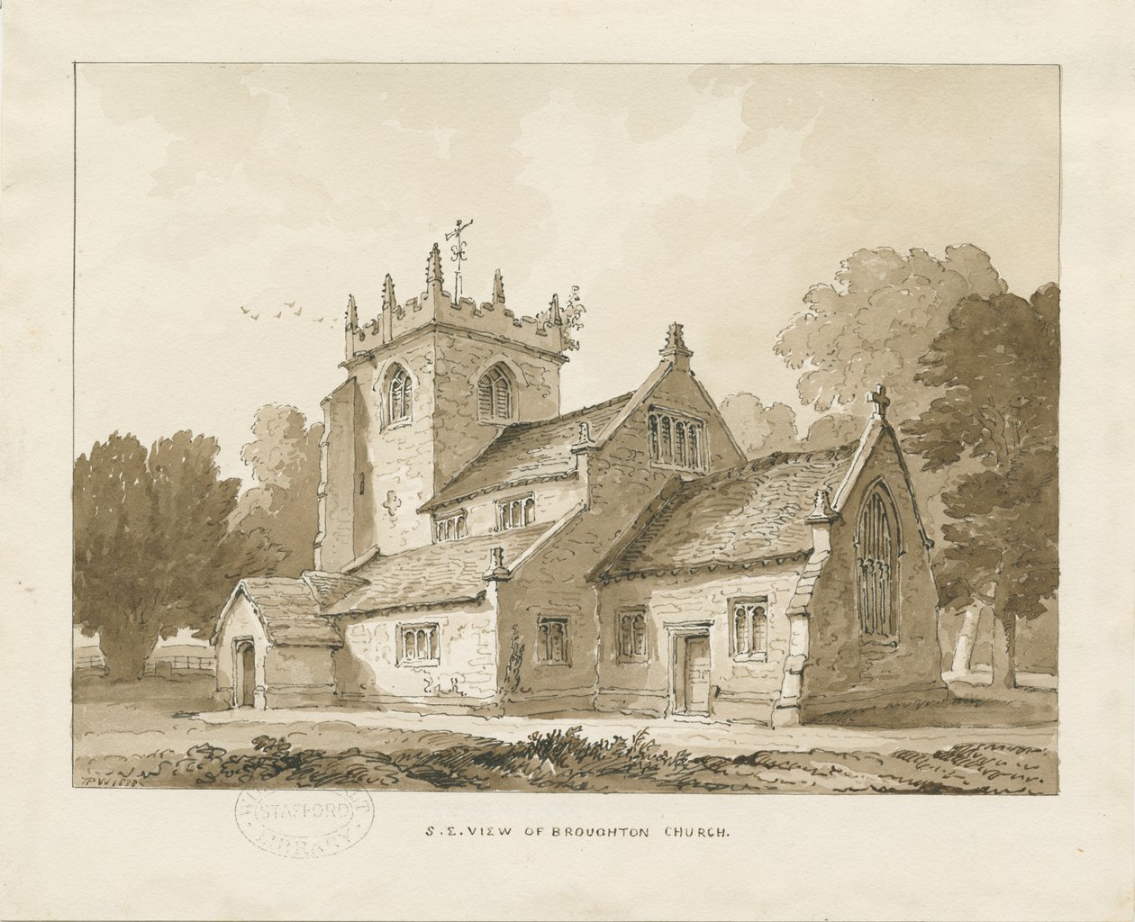 Broughton Church: sepiateckning, 1838 av Thomas Peploe Wood