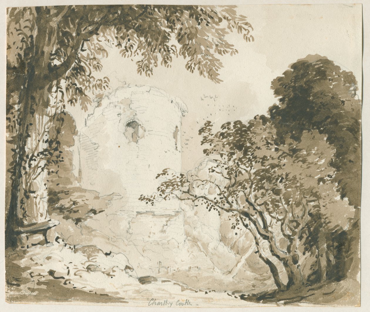 Chartley Castle: ritning med blyerts och tvätt, nd [1837-1838] av Thomas Peploe Wood