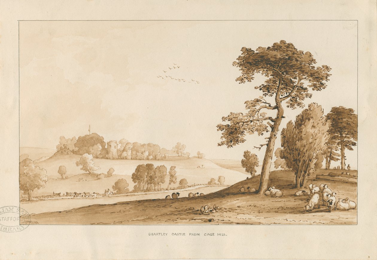 Chartley Castle: sepiatvättteckning, 1837 av Thomas Peploe Wood