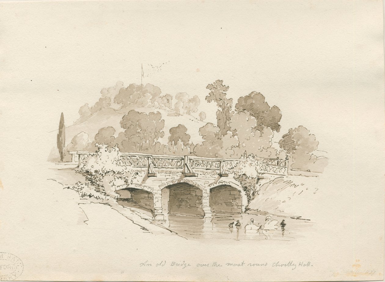 Chartley Hall: penna och tvättskiss, 1837 av Thomas Peploe Wood