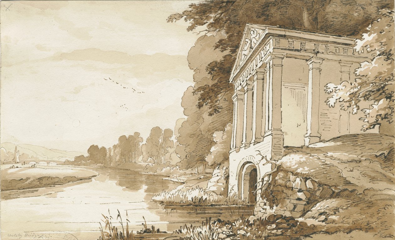 Colwich - Temple nära Wolseley Bridge: sepiatvättteckning, nd [1837-1838] (ritning) av Thomas Peploe Wood