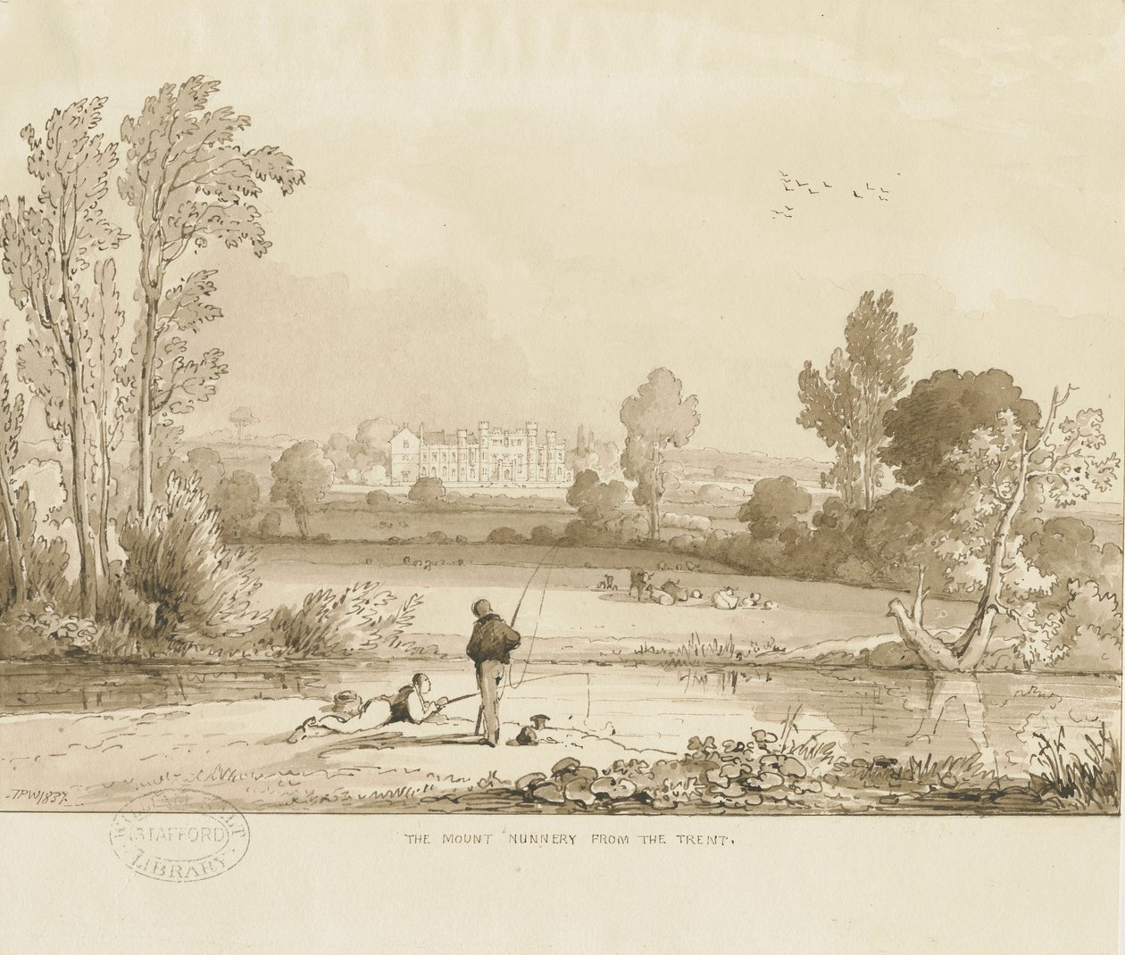 Colwich - The Mount Nunnery: sepiatvättteckning, 1837 av Thomas Peploe Wood