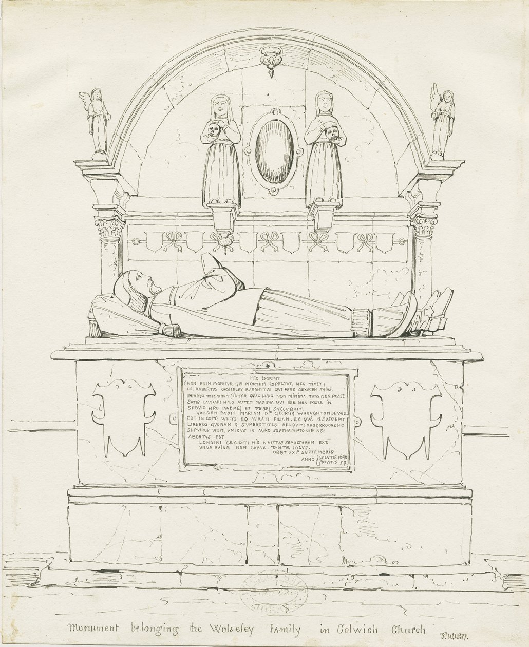 Colwich - Tomb of Robert Wolseley: ritning med penna och bläck av Thomas Peploe Wood