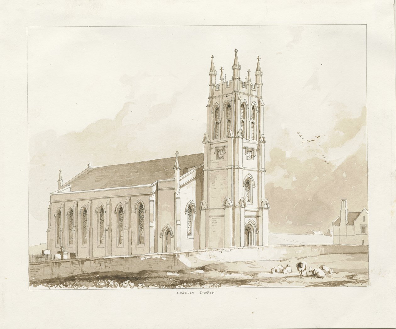 Coseley Church: sepiatvättteckning, nd [1841] av Thomas Peploe Wood