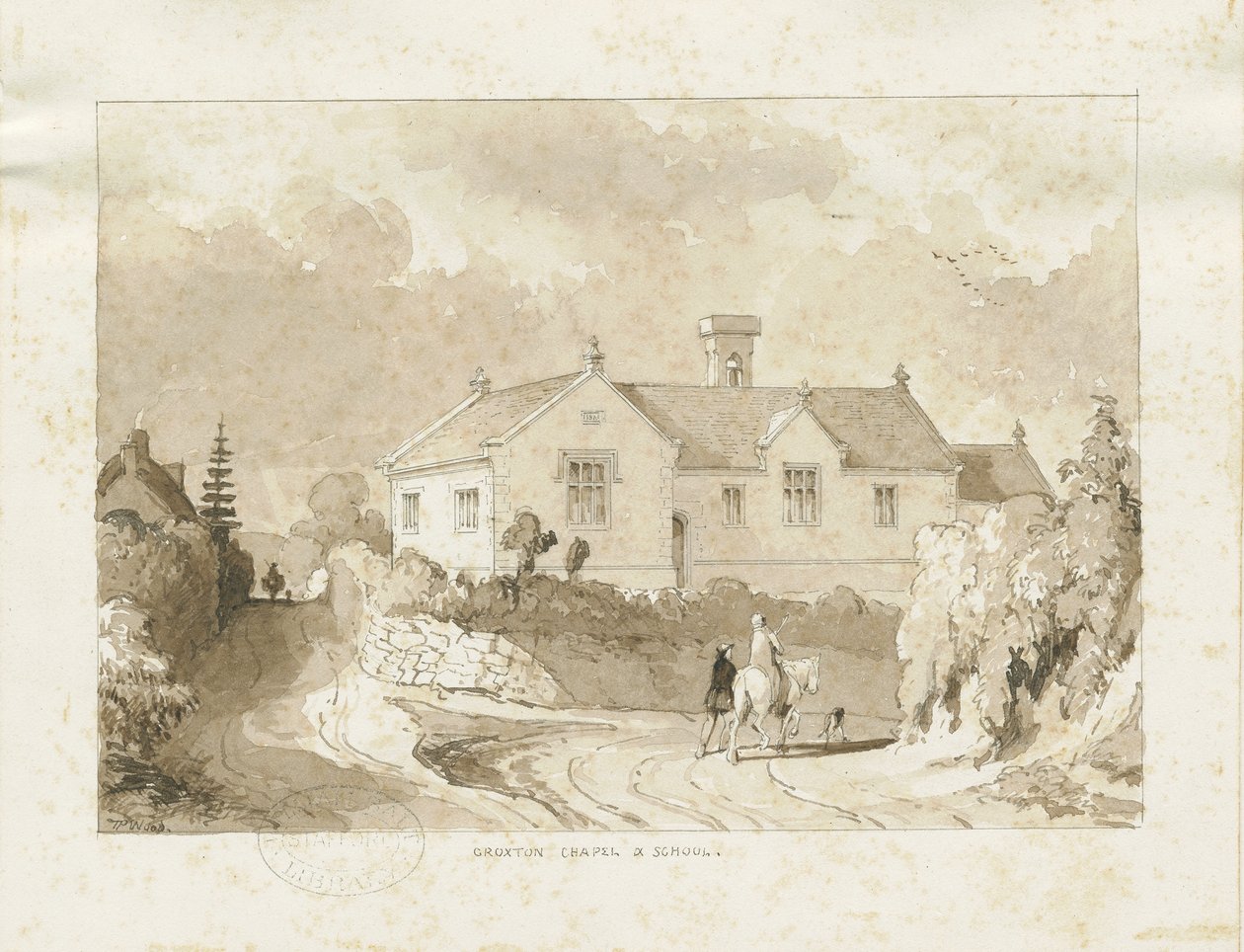 Croxden - kapell och skola: sepiatvättteckning, nd [1817-1845] (ritning) av Thomas Peploe Wood