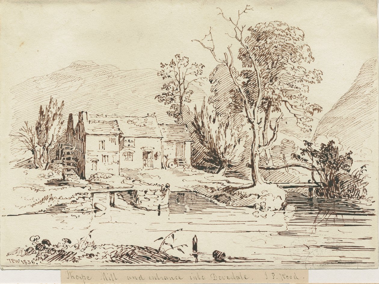 Dovedale - Thorpe Mill: penn- och sepiateckning av Thomas Peploe Wood