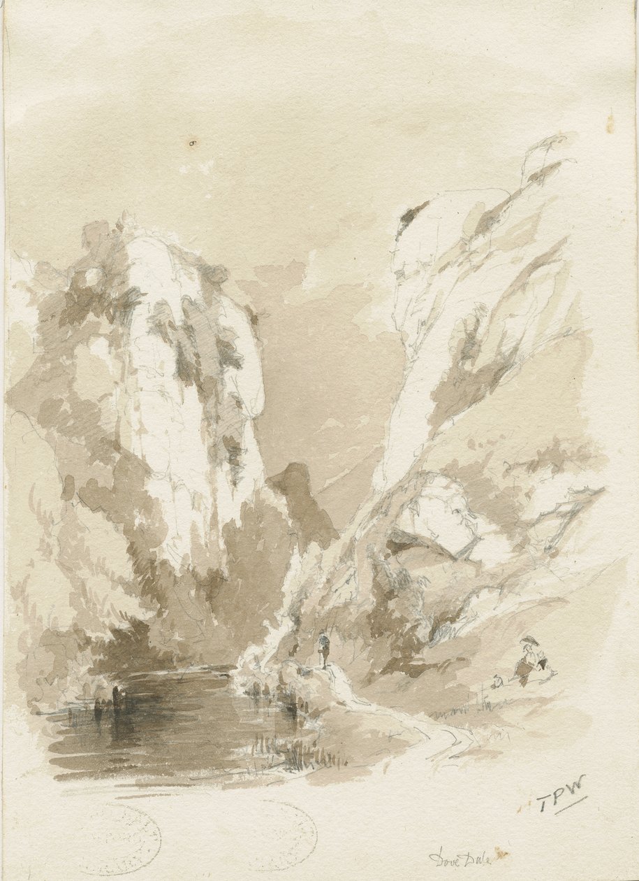 Dovedale - landskap: ritning med blyerts och tvätt, nd [1817-1845] (teckning) av Thomas Peploe Wood