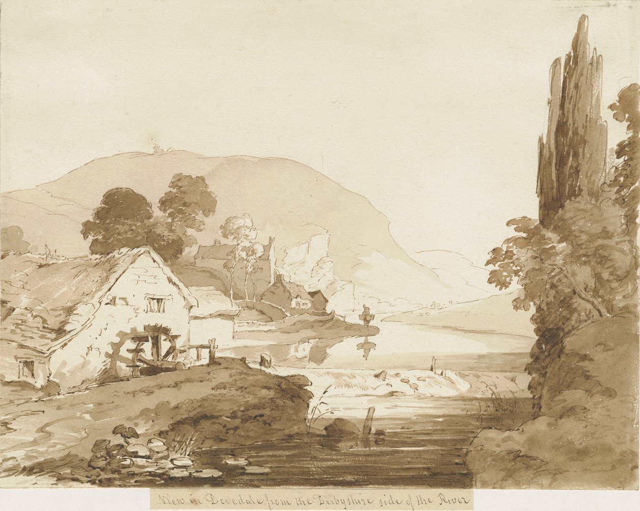 Dovedale - landskap: sepia tvättteckning, nd [1817-1845] av Thomas Peploe Wood
