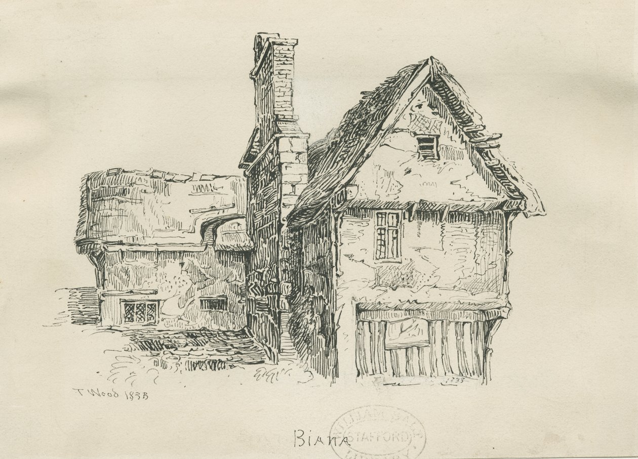 Eccleshall - Biana Hall: ritning med penna och bläck, 1833 av Thomas Peploe Wood