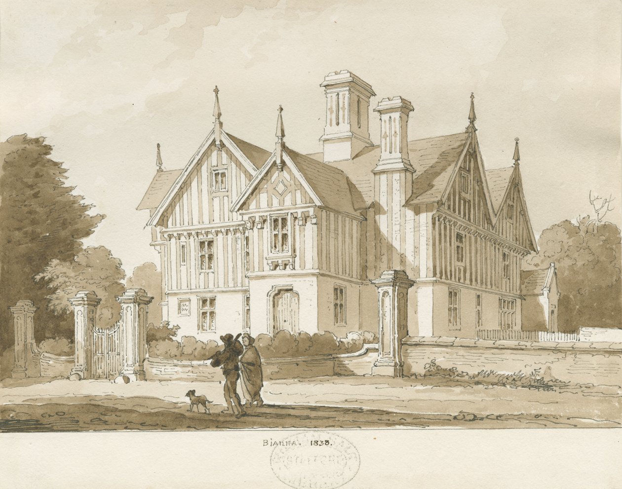 Eccleshall - Biana Hall: sepiateckning, 1838 av Thomas Peploe Wood