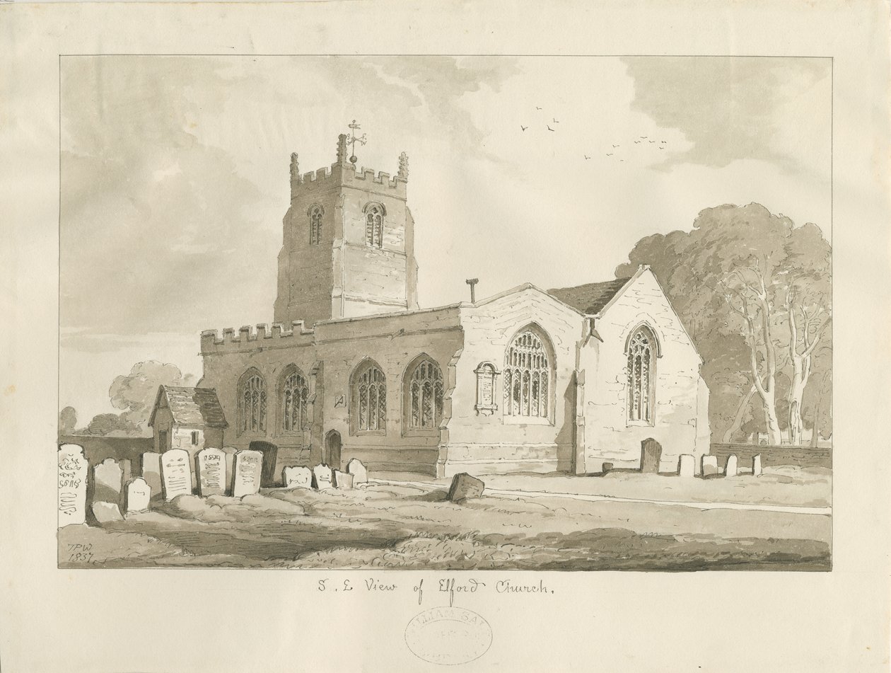 Elford Church: sepiateckning, 1837 av Thomas Peploe Wood