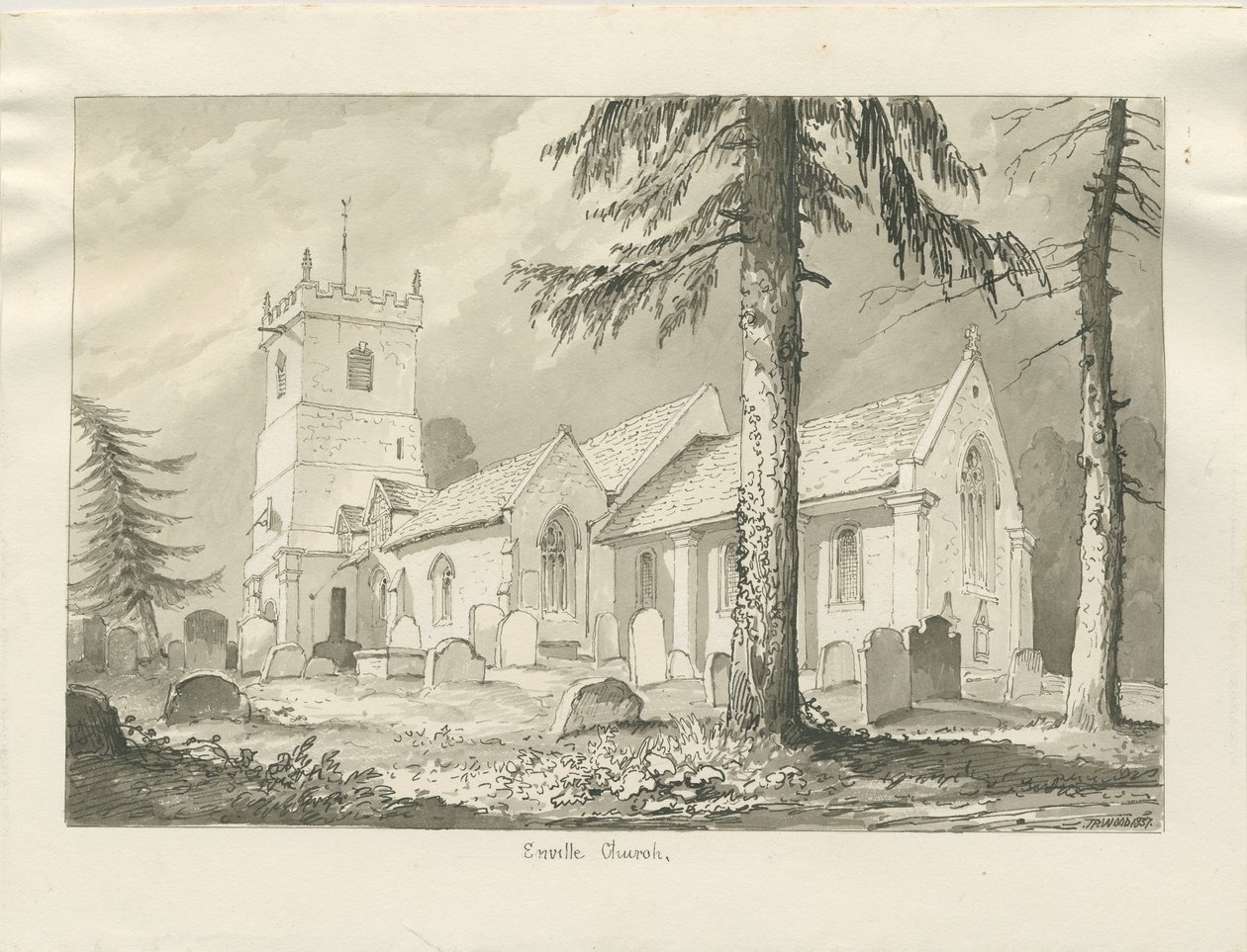 Enville kyrka: sepiateckning, 1837 av Thomas Peploe Wood