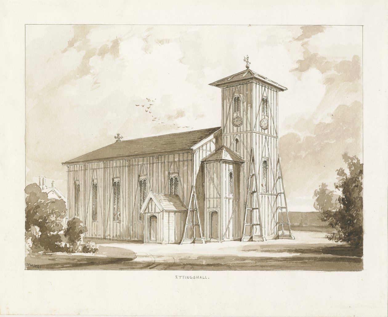 Ettingshalls kyrka: sepia tvättteckning, 1841 av Thomas Peploe Wood