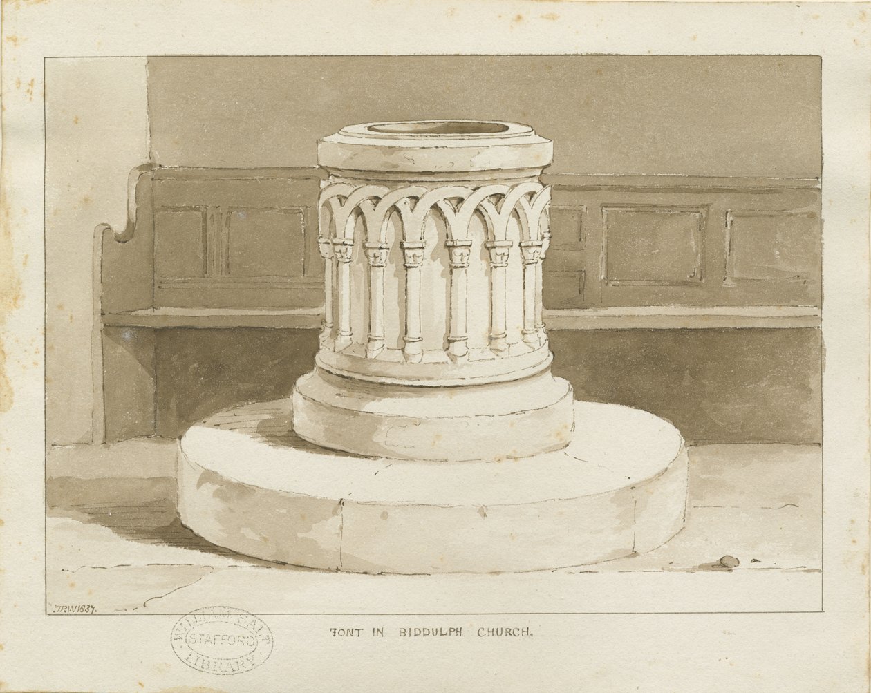 Font i Biddulph (New) Church: sepia-ritning av Thomas Peploe Wood