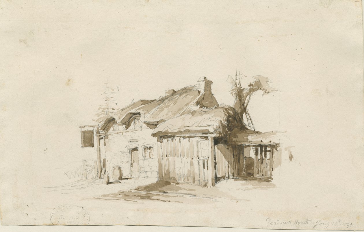 Fradswell - Cottage on Heath: ritning med blyerts och tvätt av Thomas Peploe Wood