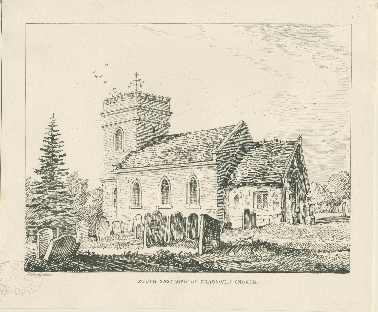 Fradswell Church: ritning med penna och bläck av Thomas Peploe Wood