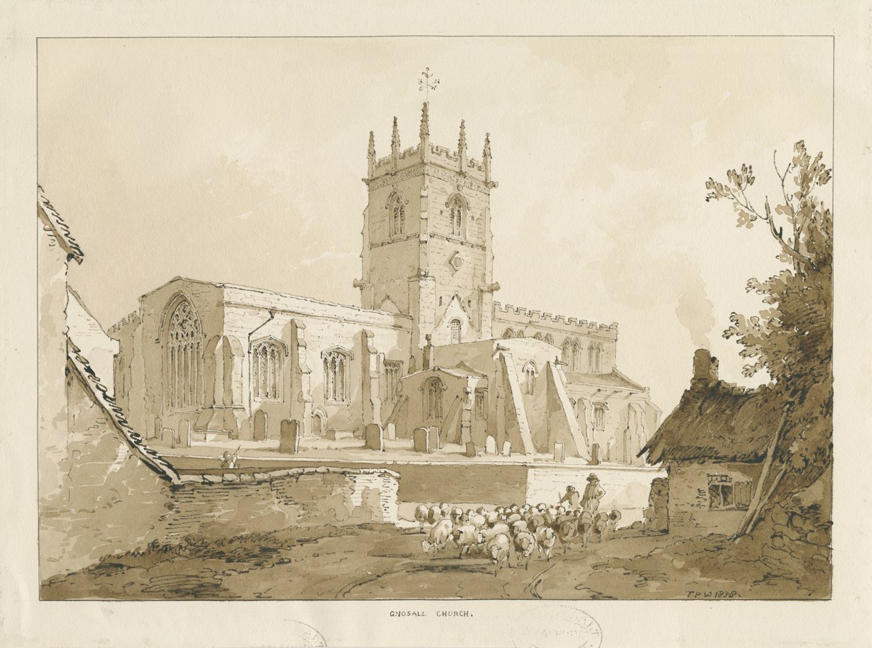 Gnosall kyrka: tvättteckning, 1838 av Thomas Peploe Wood