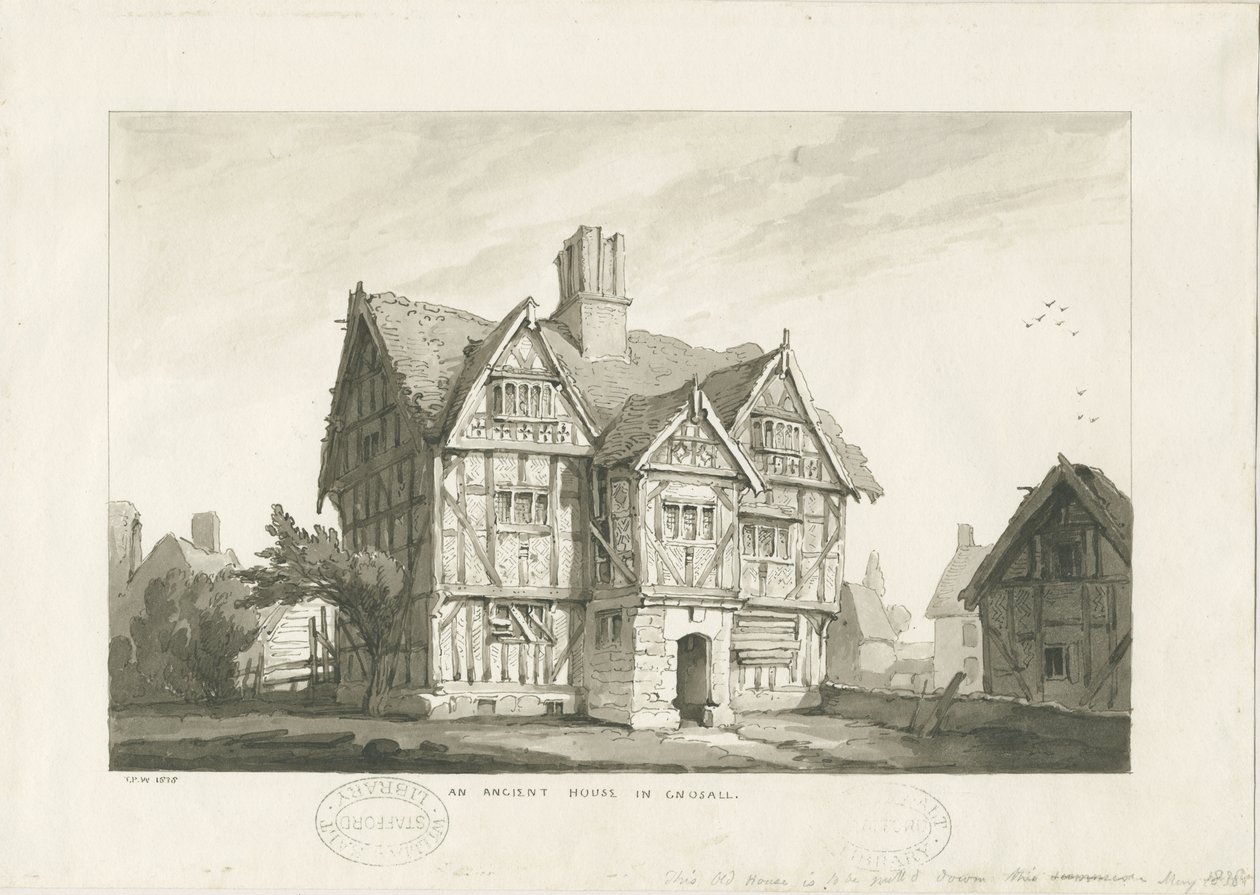Gnosall Village - Ancient House: tvätta ritning av Thomas Peploe Wood