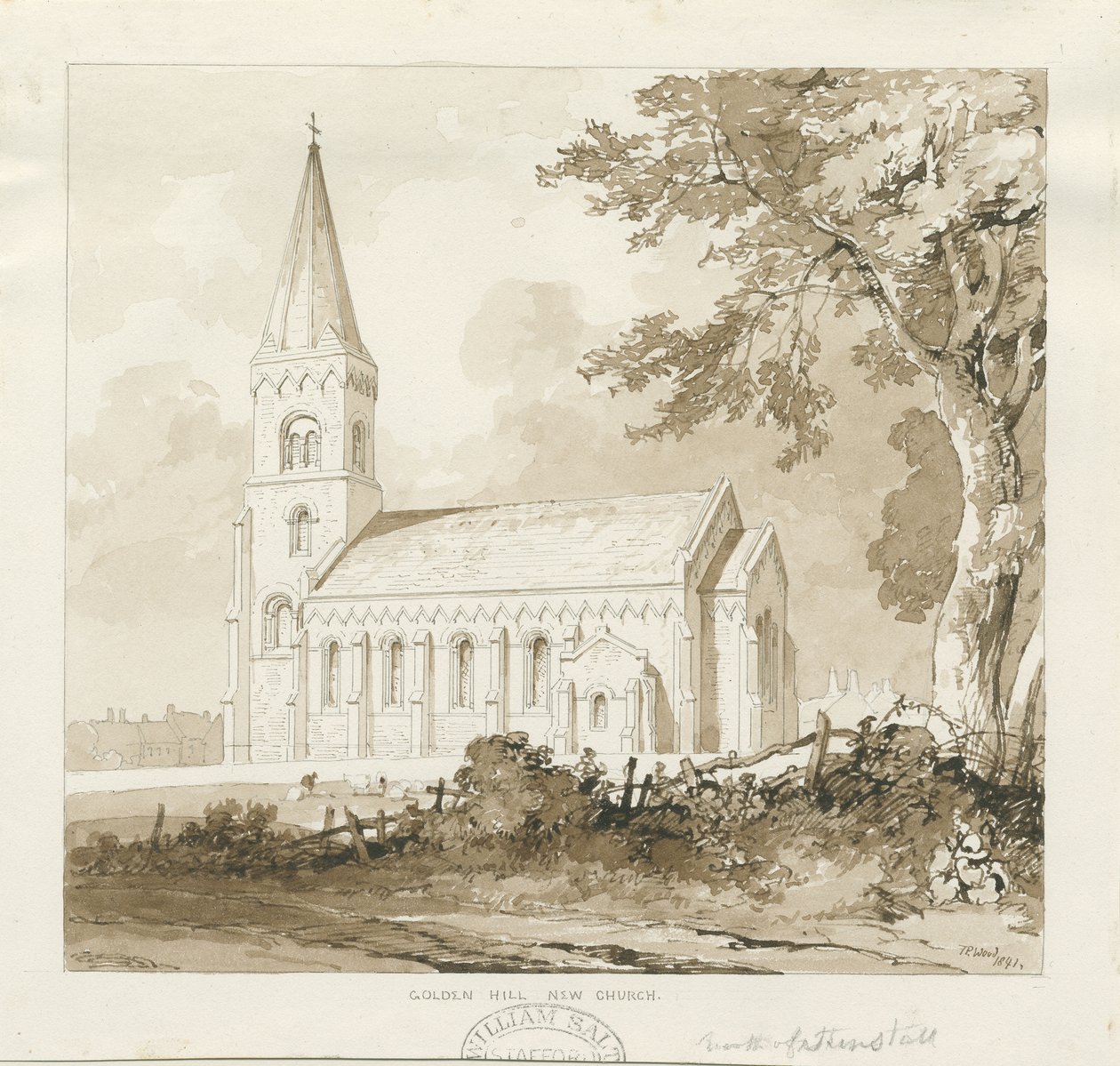 Golden Hill Church: sepia tvättteckning av Thomas Peploe Wood