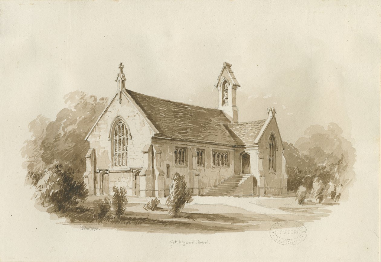 Great Haywood Chapel: sepiatvättteckning, 1840 av Thomas Peploe Wood