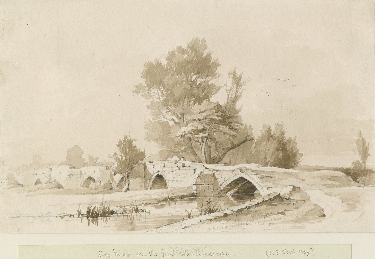 Handsacre - Old High Bridge: sepiateckning, 1839 av Thomas Peploe Wood