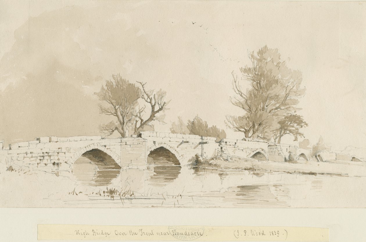Handsacre - Old High Bridge: sepiatvättteckning av Thomas Peploe Wood