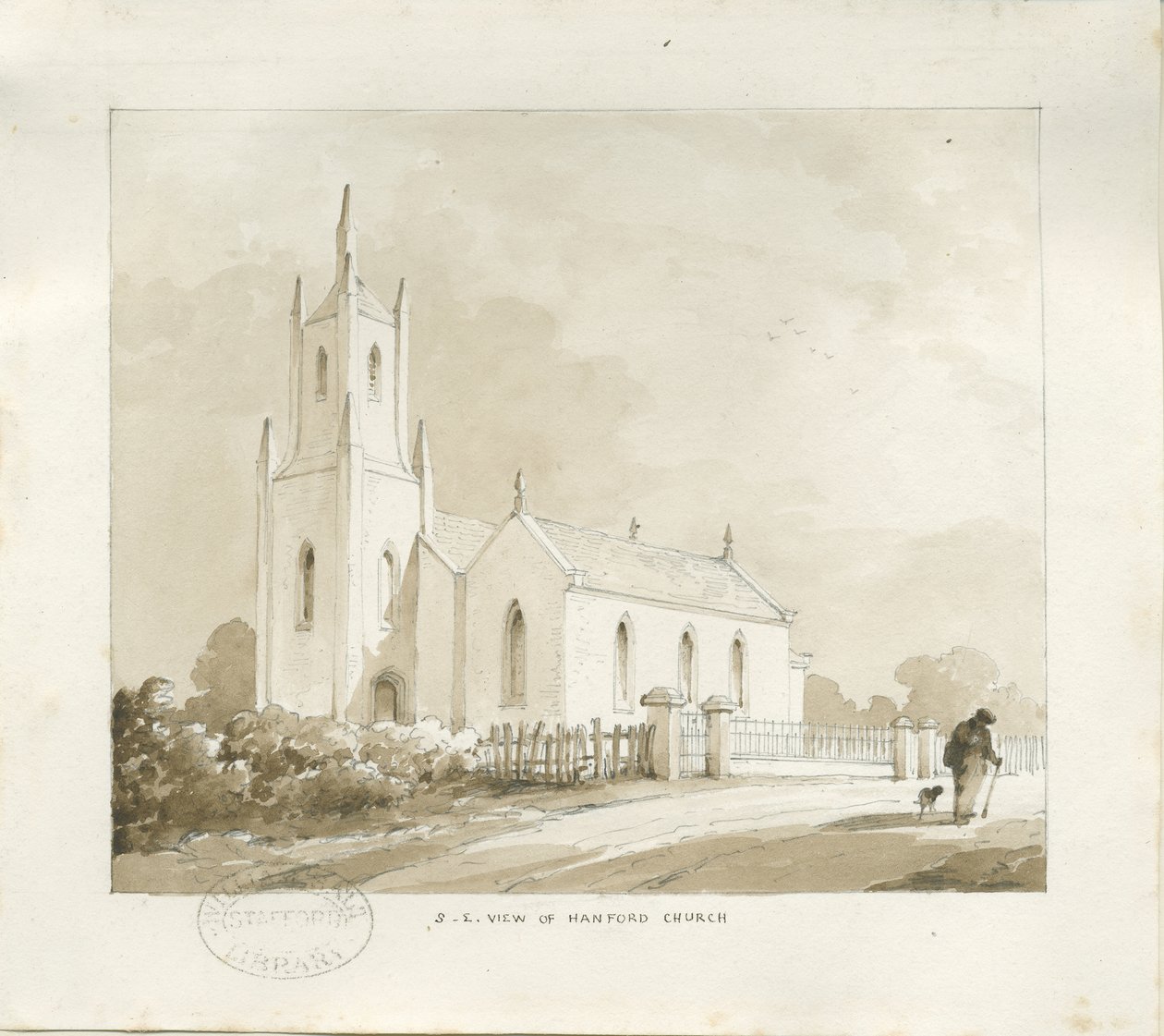 Hanford Church: ritning med blyerts och tvätt, nd [?1838] (ritning) av Thomas Peploe Wood