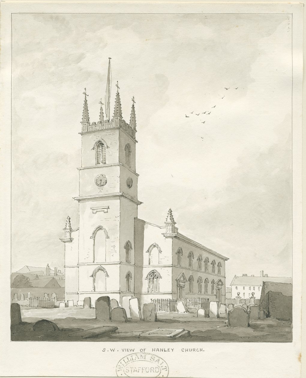 Hanley Church: sepiateckning, nd [?1838] (teckning) av Thomas Peploe Wood