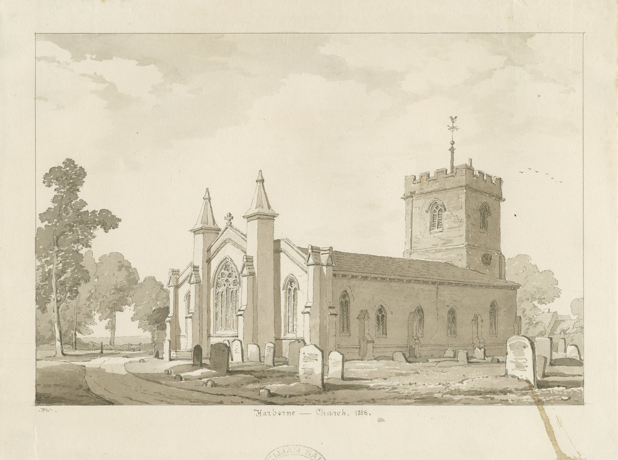 Harborne Church: sepiatvättteckning av Thomas Peploe Wood