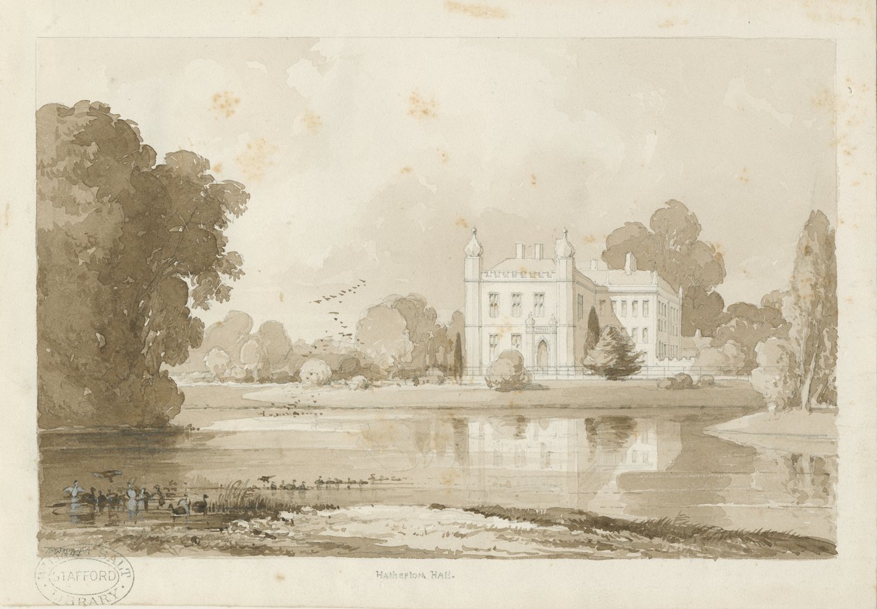 Hatherton Hall: sepiateckning, 1843 av Thomas Peploe Wood