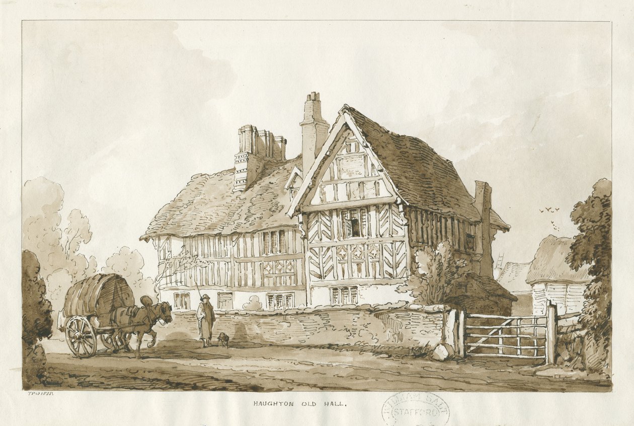 Haughton - Old Hall: sepiateckning, 1838 av Thomas Peploe Wood
