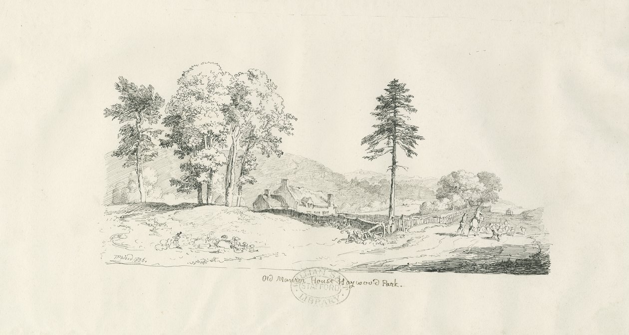 Haywood Park - Old Manor House: ritning med penna och bläck av Thomas Peploe Wood
