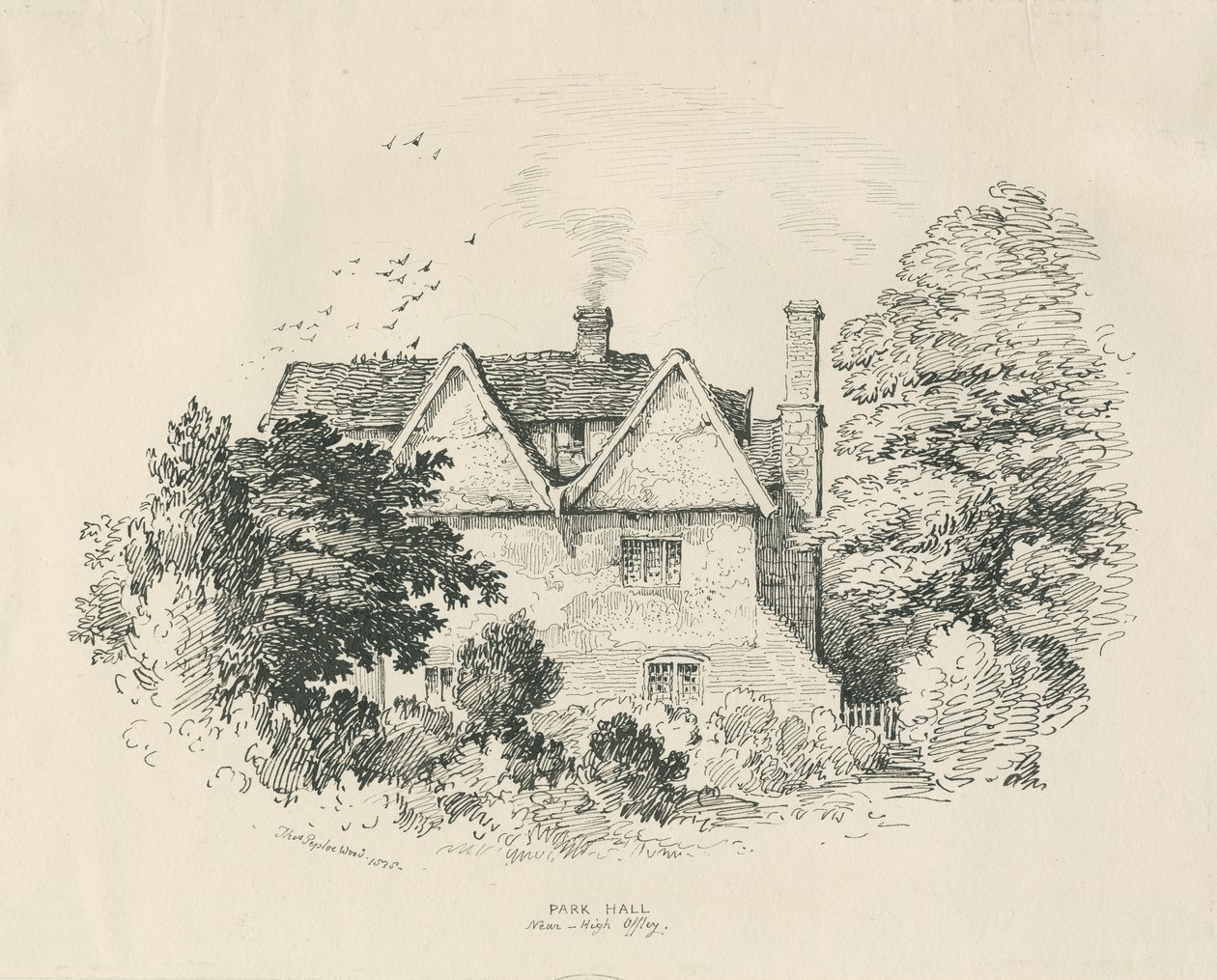 High Offley - Park Hall: ritning med penna och bläck (vinjeterad) av Thomas Peploe Wood