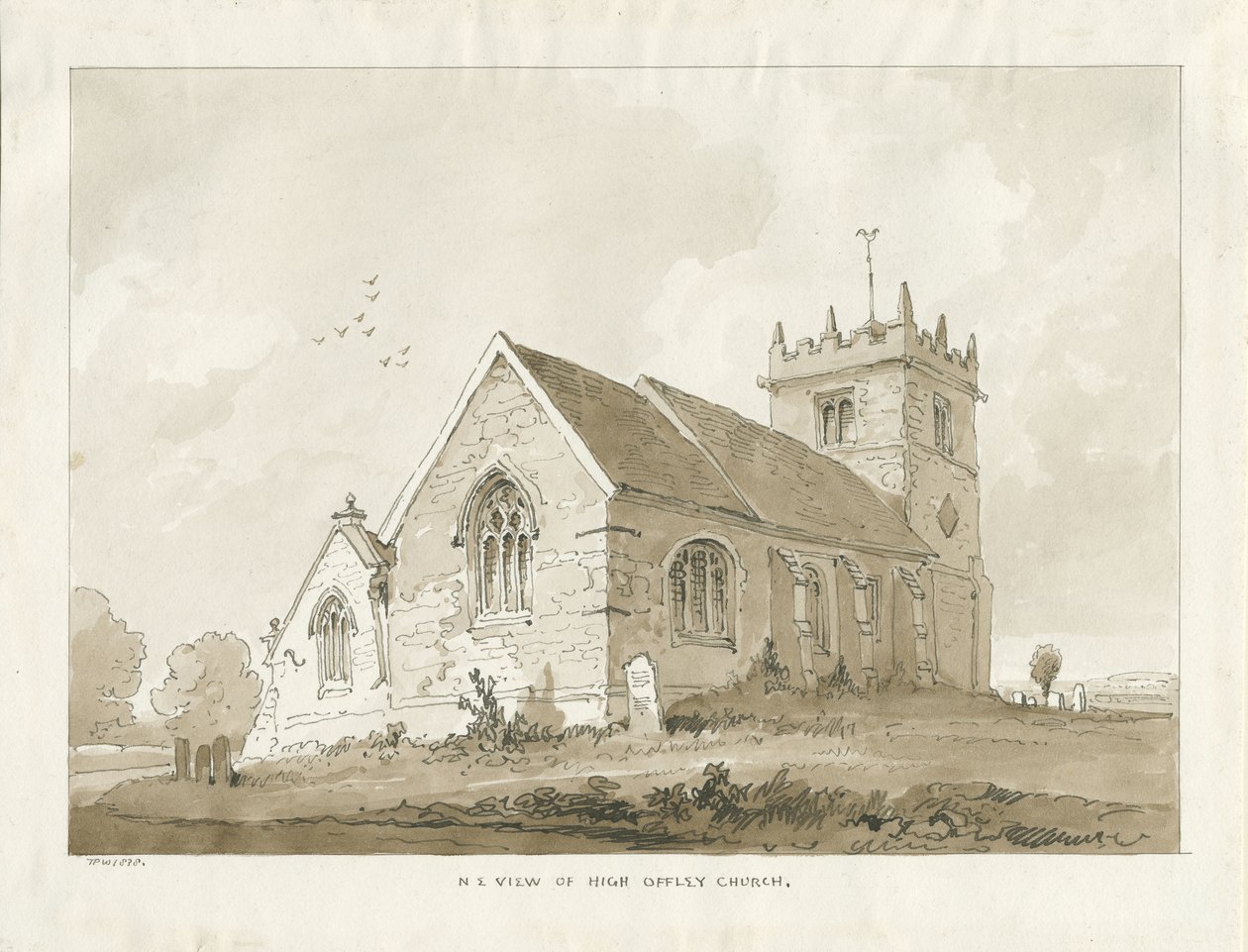 High Offley Church: sepiateckning av Thomas Peploe Wood