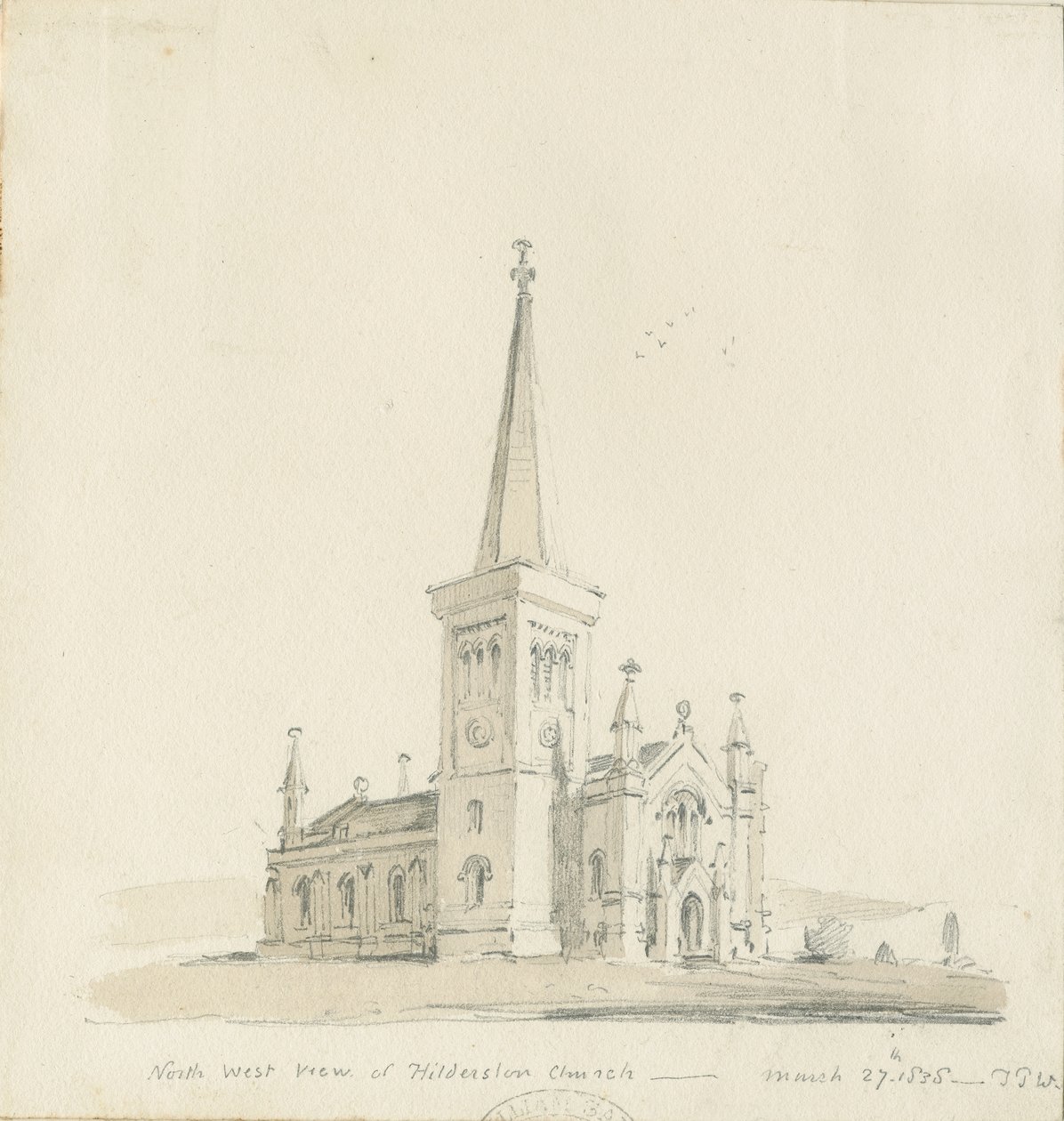 Hilderstone Church: ritning med blyerts och tvätt av Thomas Peploe Wood