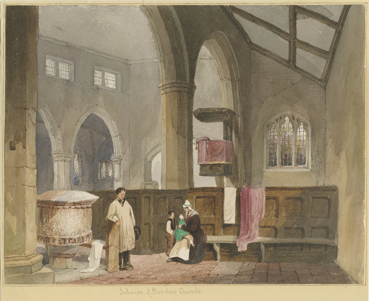 Interiör av Standon Church: akvarellmålning och [?mitten av 1800-talet] av Thomas Peploe Wood