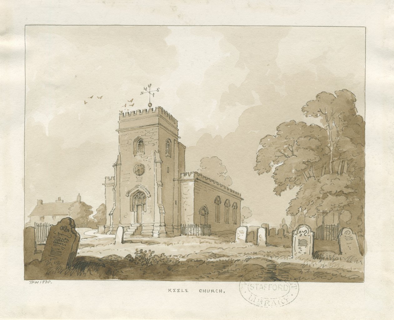 Keele kyrka: sepiateckning av Thomas Peploe Wood
