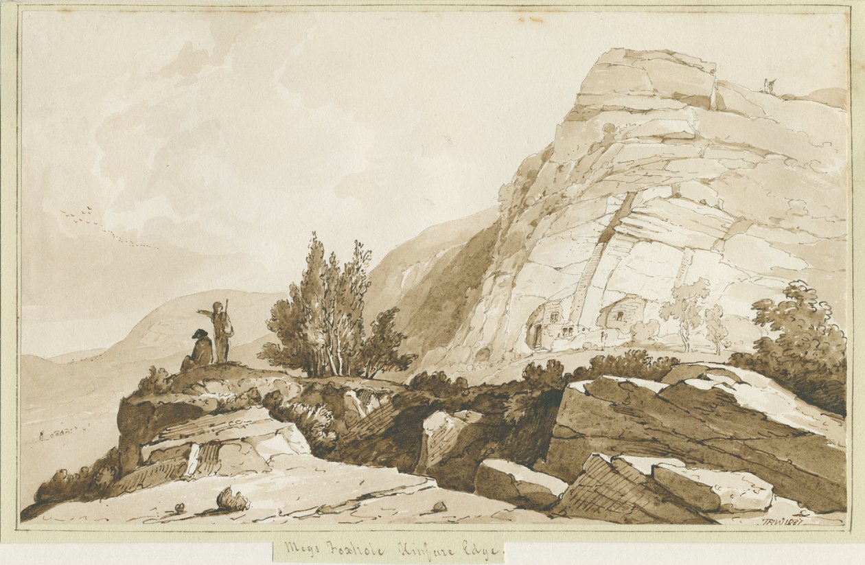 Kinver Edge - "Megs Foxhole": sepiateckning, 1837 av Thomas Peploe Wood