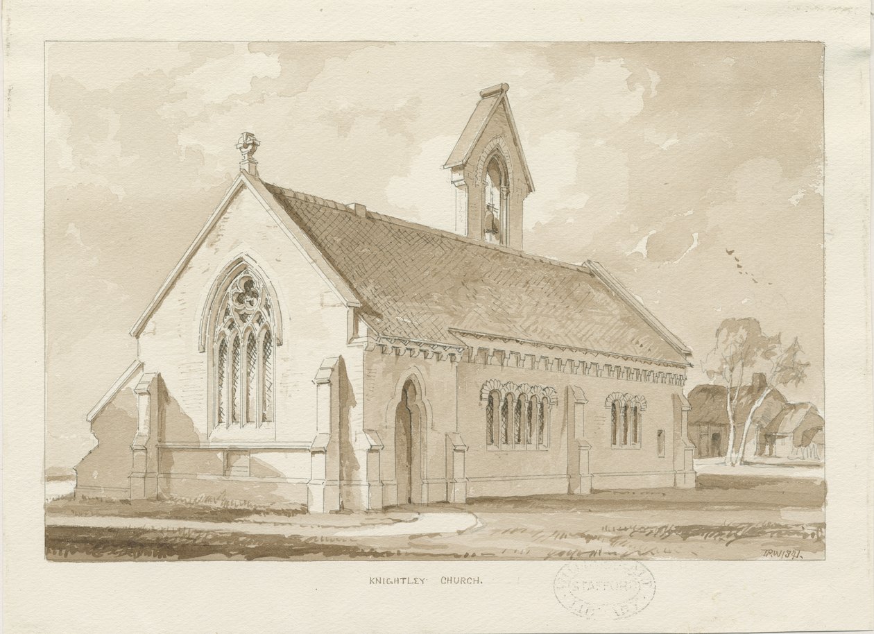 Knightley Chapel: sepiatvättteckning, 1841 av Thomas Peploe Wood