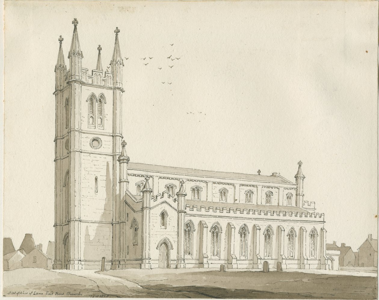 Lane End - Nya kyrkan: sepia-ritning av Thomas Peploe Wood